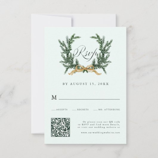 Cartons Réponse Gold Bow & Green Pine Wreath Wedding QR Code Mint (Devant)