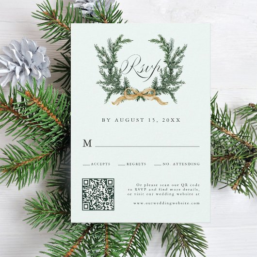 Cartons Réponse Gold Bow & Green Pine Wreath Wedding QR Code Mint