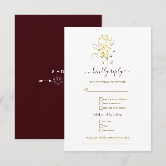Cartons Réponse Gold Deep Burgundy Simple Song Request Wedding  (Devant / Derrière)