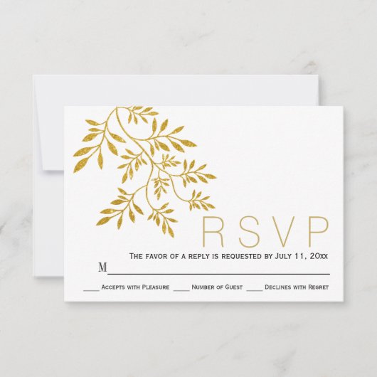 Cartons Réponse Gold parties scintillant feuilles branche mariage (Devant)