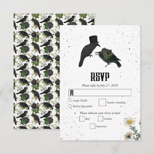 Cartons Réponse Gothique Halloween noir Rose Corbeaux Mariage (Devant / Derrière)