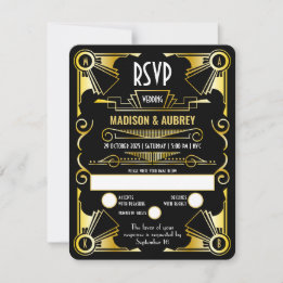 Cartons Réponse Grand Gatsby Art Déco Mariage Opulent Or & Noir