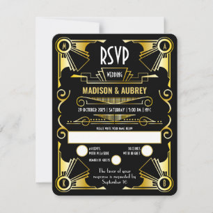 Cartons Réponse Grand Mariage Art Déco Gatsby Or et noir opulent
