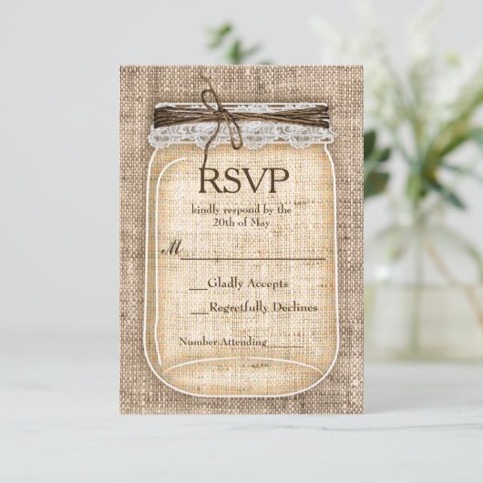 Cartons Réponse Grand Mason Jar & Burlap Lace Mariage rustique RSV (Debout devant)