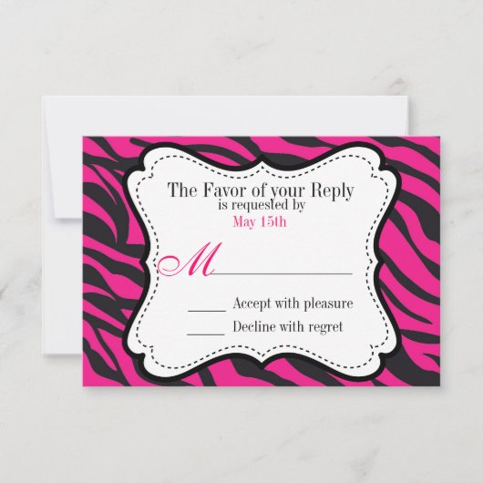 Cartons Réponse Gras Hot rose noir Zebra Stripes Mariage Invite (Devant)