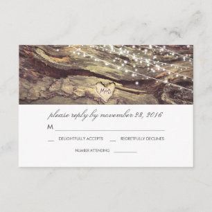 Cartons Réponse Guirlande lumineuse cœur Bois rustique Mariage RSV