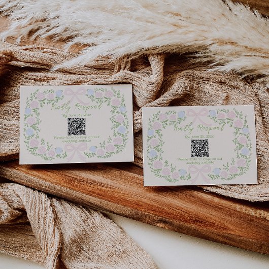 Cartons Réponse Hand Drawn Green Pink Bow Floral Wedding QR Code