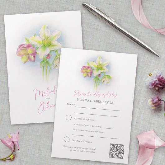 Cartons Réponse Hellebore aquarelle art printemps mariage QR code