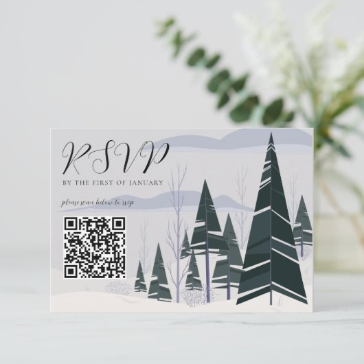 Cartons Réponse Hiver Arbres Forêt de neige QR Code Site Mariage (Debout devant)