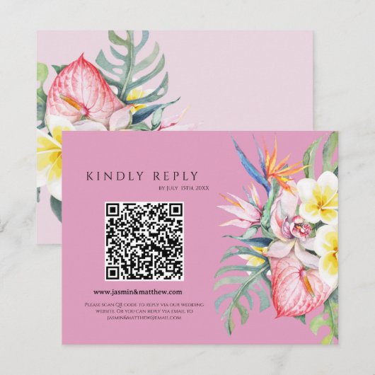 Cartons Réponse Hot Pink Tropical Floral Hawaii QR Code Wedding (Devant / Derrière)