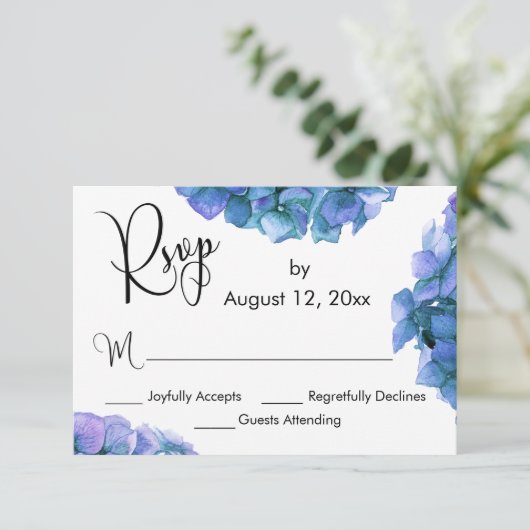 Cartons Réponse Hydrangeas bleu et violet avec calligraphie (Debout devant)