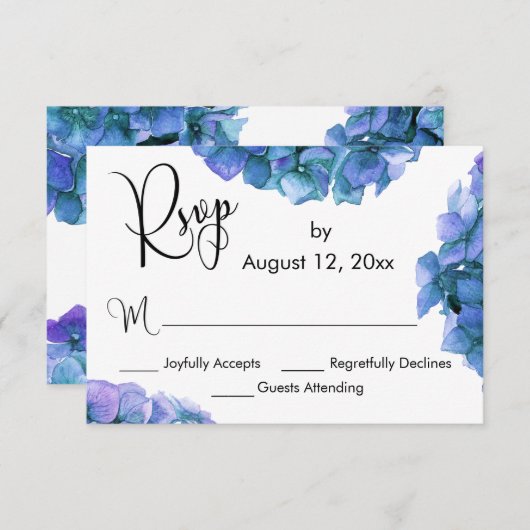 Cartons Réponse Hydrangeas bleu et violet avec calligraphie (Devant / Derrière)