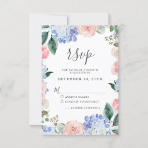 Cartons Réponse Hydrangées bleu pâle rose pastel mariage
