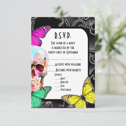 Cartons Réponse Imaginaire crâne gothique mariage noir R.S.V.P (Debout devant)