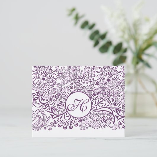 Cartons Réponse Inséparables pourpres Damask Monogram Mariages RSV (Debout devant)