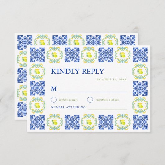 Cartons Réponse Italian Blue & Yellow Lemon Tile Wedding (Devant / Derrière)