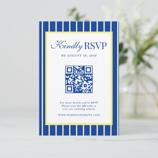 Cartons Réponse Italian Striped Blue & Yellow Wedding QR Code (Debout devant)