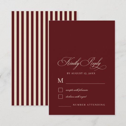 Cartons Réponse Ivory & Burgundy Stripes Retro Old Money Wedding (Devant / Derrière)