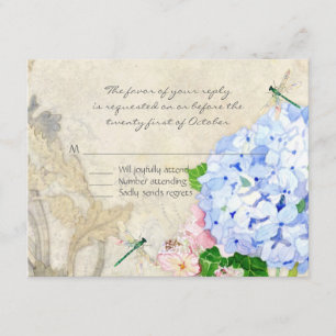 Cartons Réponse Jardin anglais, aquarelle rose bleue d'hortensias