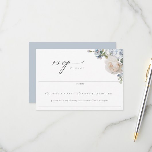 Cartons Réponse Jardin bleu Dusty Mariage Floral (Devant/Arrière en situation)