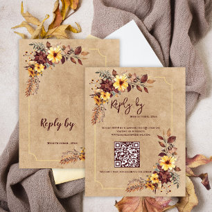 Cartons Réponse Jaune et Bourgogne Floral QR Code Mariage de autom