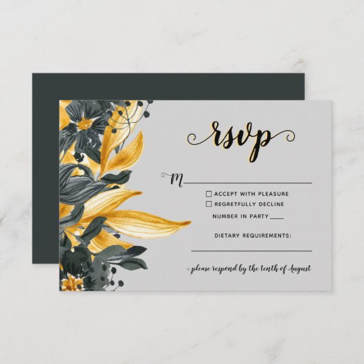 Cartons Réponse Jaune & Gris Floral Élégant Script Mariage moderne (Devant / Derrière)