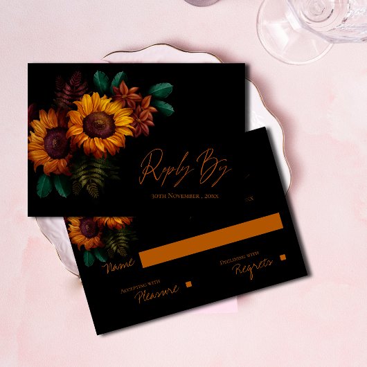 Cartons Réponse Joli Rustique Noir Brûlé Orange Floral Mariage