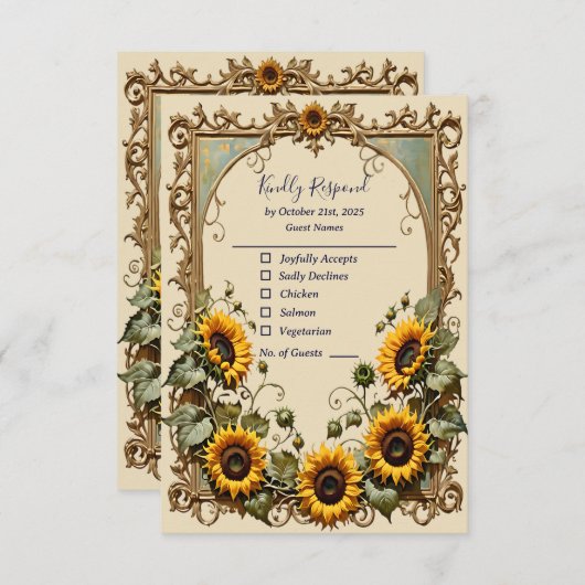 Cartons Réponse Joli tournesol jaune avec cadre d'art mariage (Devant / Derrière)