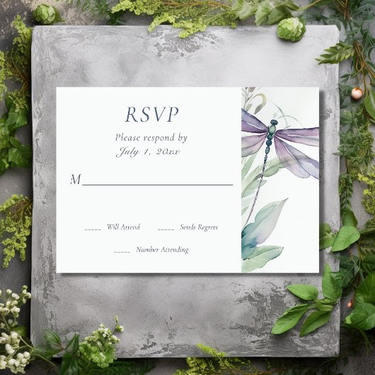Cartons Réponse Jolie libellule d'aquarelle et Mariage de verdure