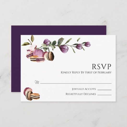 Cartons Réponse Joyeux Macaron | Élégant Violet Floral Moderne (Devant / Derrière)