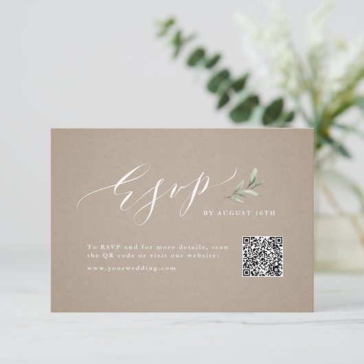 Cartons Réponse Kraft calligraphie rustique verdure mariage QR cod (Debout devant)