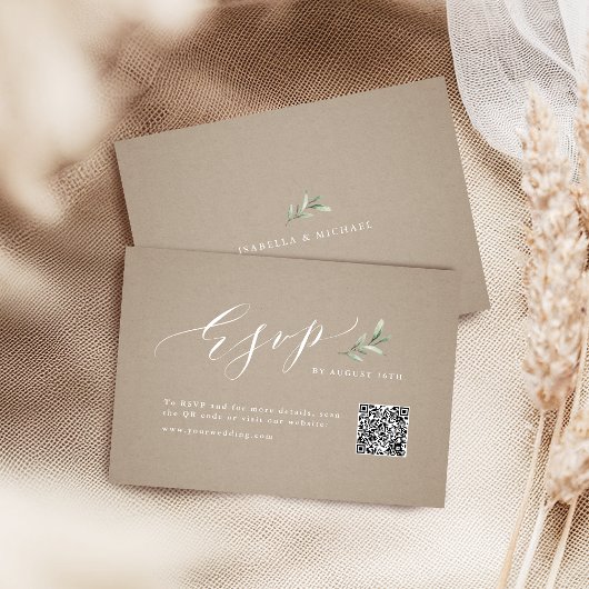 Cartons Réponse Kraft calligraphie rustique verdure mariage QR cod
