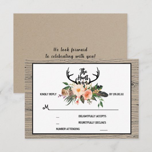 Cartons Réponse La chasse est sur Boho rustique mariage floral RSV (Devant / Derrière)