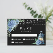 Cartons Réponse Lanterne Hydrangea Bleue Mariage Bohème Noir (Debout devant)