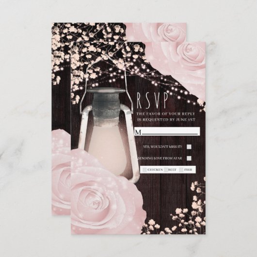 Cartons Réponse Lanterne Lumineuse Rustique bébé rose Roses Mariag (Devant / Derrière)