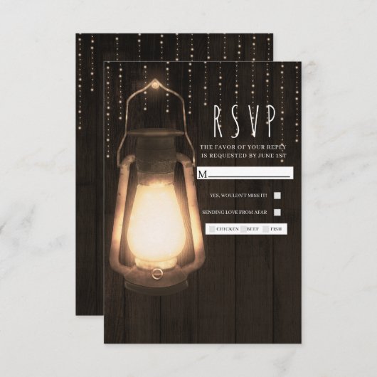 Cartons Réponse Lanterne rustique et lumières Mariage Brown en boi (Devant / Derrière)