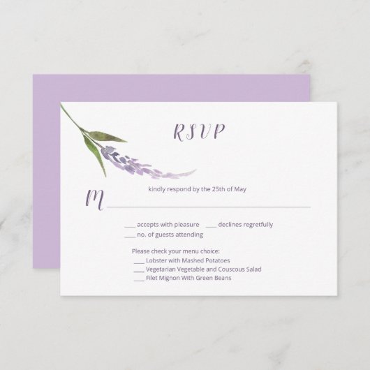 Cartons Réponse Lavande mauve à tige florale unique | (Devant / Derrière)