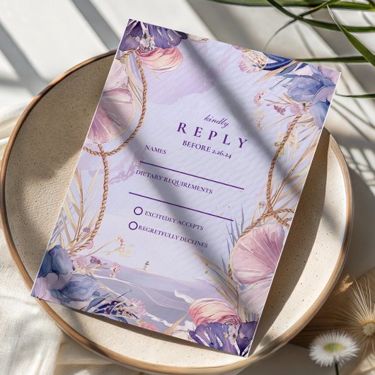 Cartons Réponse Lavender Coastal Seashell Rope Wedding