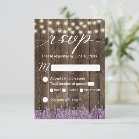 Cartons Réponse Lavender Floral Rustic String Lumières Mariage RSV (Debout devant)
