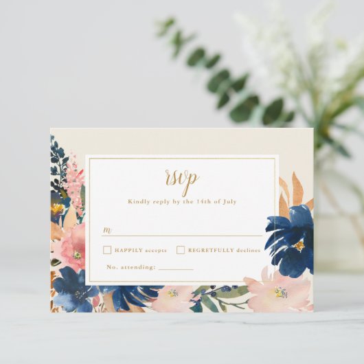 Cartons Réponse L'élégance sauvage | Navy Blush & Gold Mariage (Debout devant)