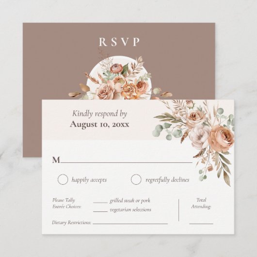 Cartons Réponse Light Earth Tone Floral Boho Dîner Choix Mariage (Devant / Derrière)