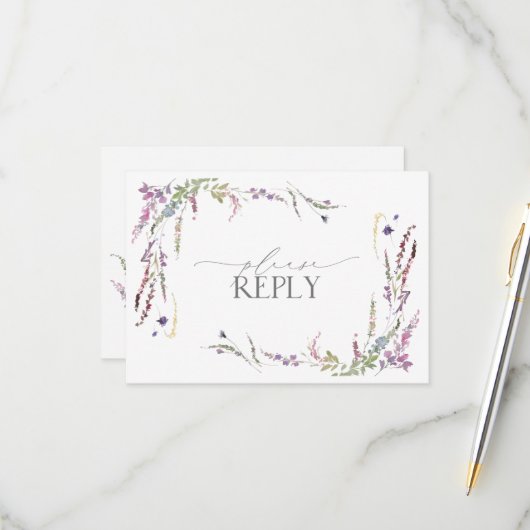 Cartons Réponse Lilac Lavender Fleurs sauvages d'aquarelle mariage (Devant/Arrière en situation)