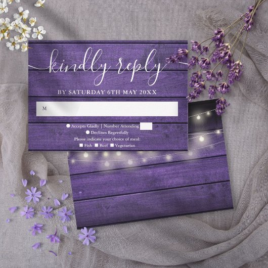 Cartons Réponse Lumières à cordes en bois violet rustique Mariage