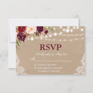 Cartons Réponse Lumières de Mariage rustique Kraft Dentelle floral