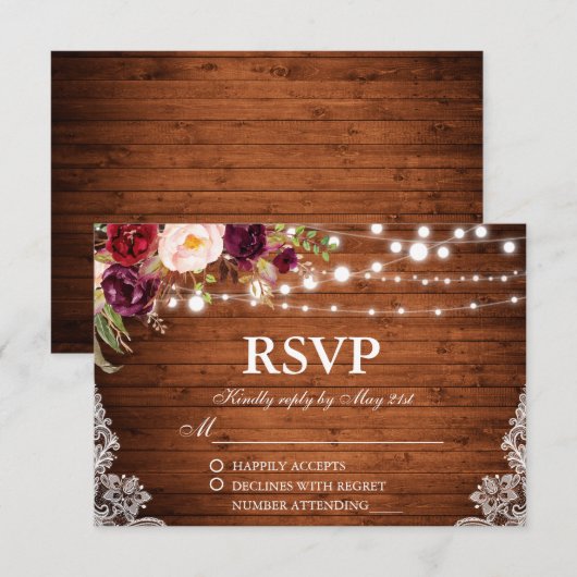Cartons Réponse Lumières en bois Mariage rustique Dentelle Florale (Devant / Derrière)