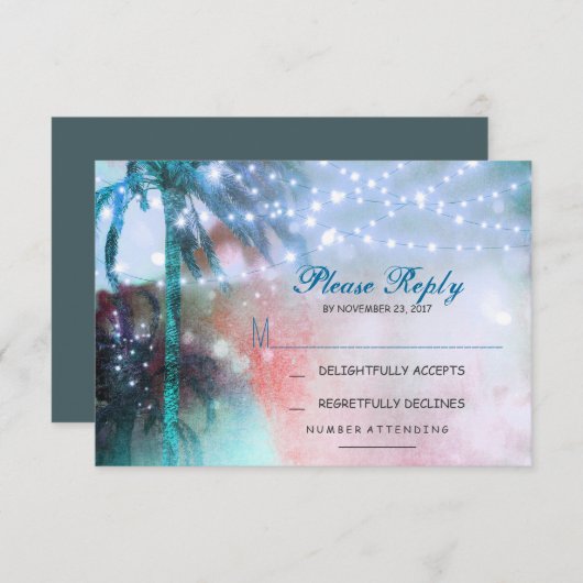 Cartons Réponse lumières scintillantes palmiers mariage plage cart (Devant / Derrière)