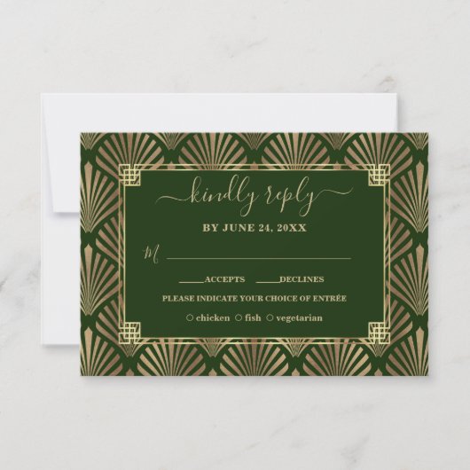 Cartons Réponse Luxe Gold Dark Green Art Déco Mariage (Devant)
