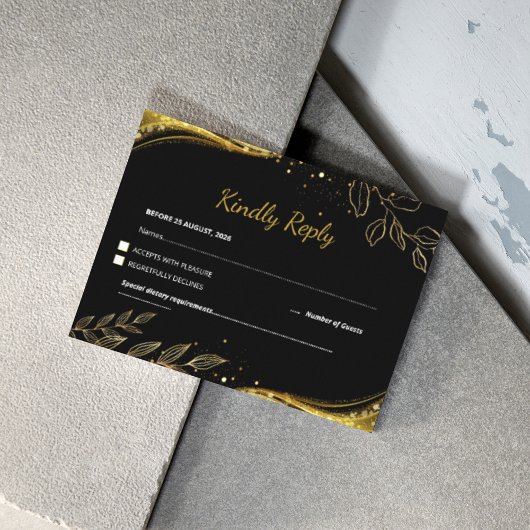 Cartons Réponse Luxe moderne Black Gold Floral Mariage