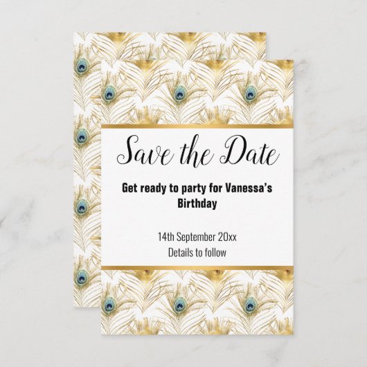 CARTONS RÉPONSE LUXE PEACOCK FEATHER OR SAUVER LA DATE (Devant / Derrière)