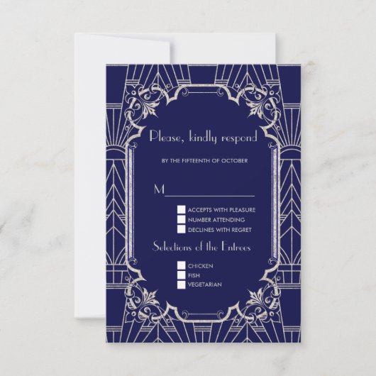 Cartons Réponse Luxe Silver Navy Blue Great 20s Mariage (Devant)